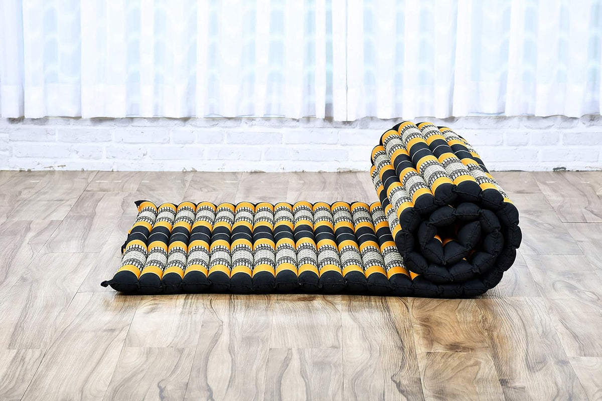 Leewadee - Kapok Roll Mat – Handcrafted Folding Sleep & Relaxation Mattress from Thailand, Ideal as Guest Bed, Camping Mat, Yoga Mat or Traditional Futon, 75 x 39 inches, Black Orange