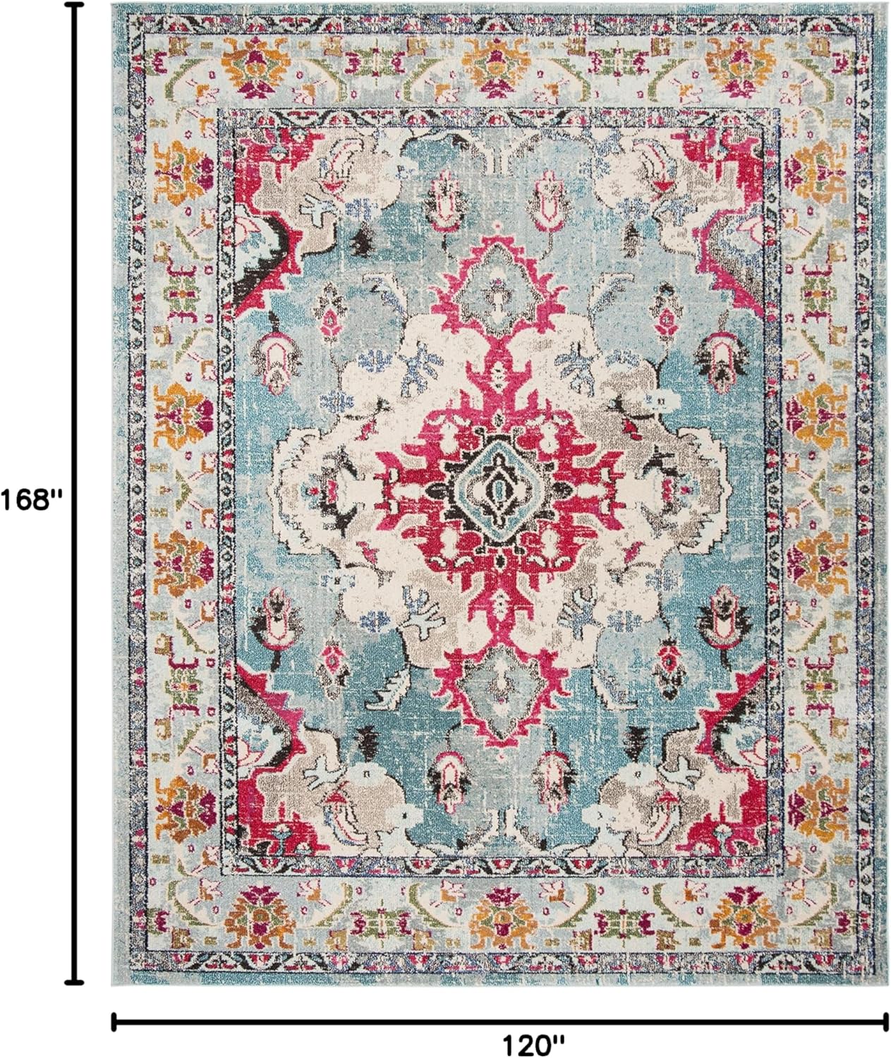 SAFAVIEH Monaco Collection Area Rug - 10' x 14', Light Blue & Fuchsia, Boho Chic Medallion Distressed Design, Non-Shedding & Easy Care, Ideal for High Traffic Areas in Living Room, Bedroom (MNC243J)
