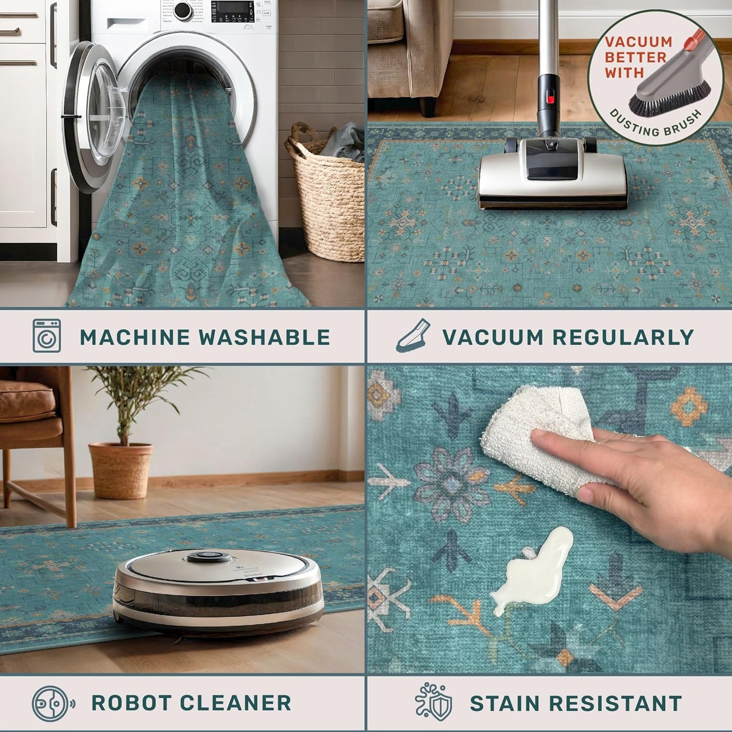 Washable Teal Rugs for Entryway Indoor - 3x5 Throw Rug for Large Kitchen, Bedroom Bedside, Bathroom, Mudroom, Boho Turquoise Modern Décor, Non Slip Low Pile Fade Resistant