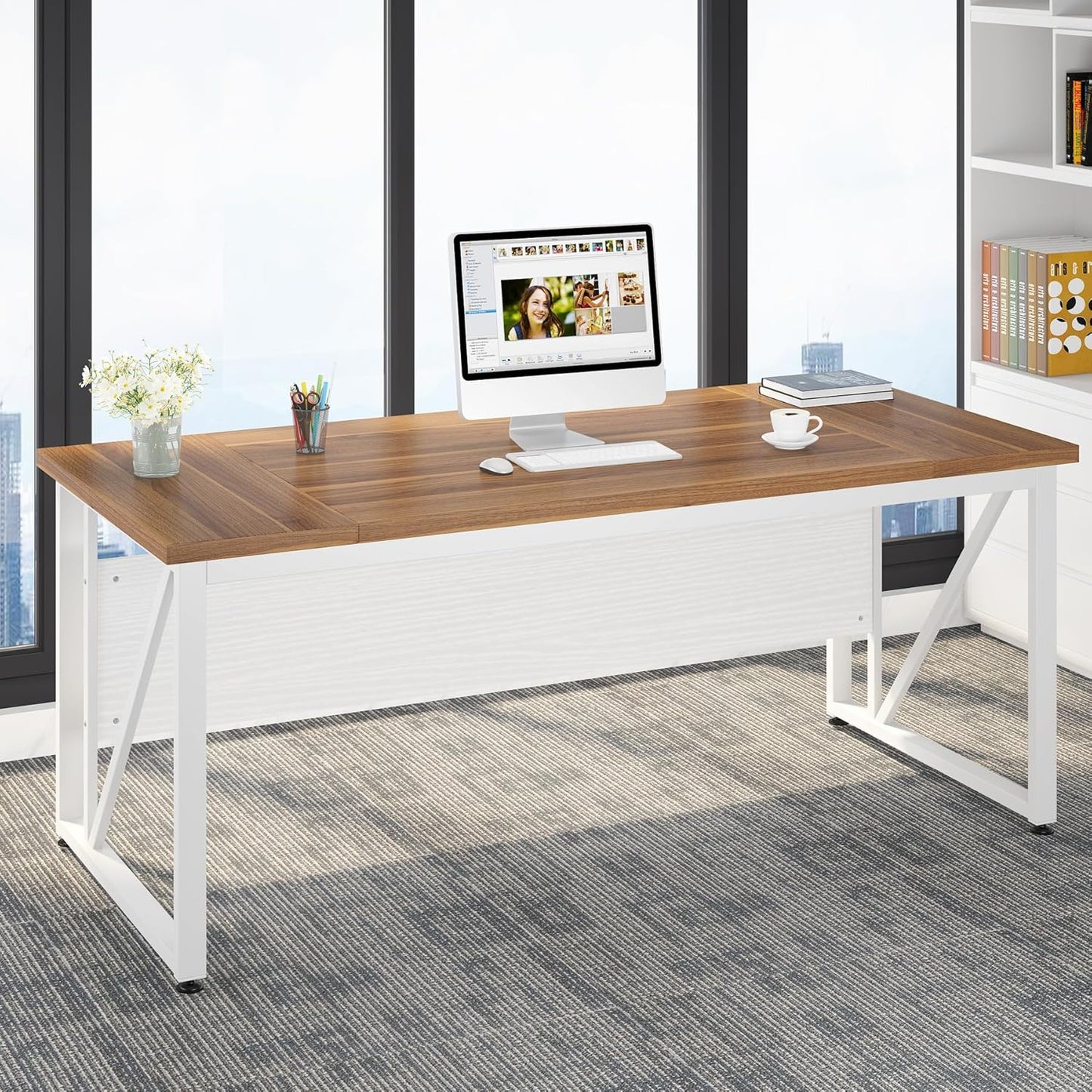 Tribesigns 63-Inch Executive Computer Desk with 47-Inch Lateral File Cabinet, Large Workstation Business Furniture, L Shaped Desk with Drawers and Storage Shelves for Home Office, Walnut & White
