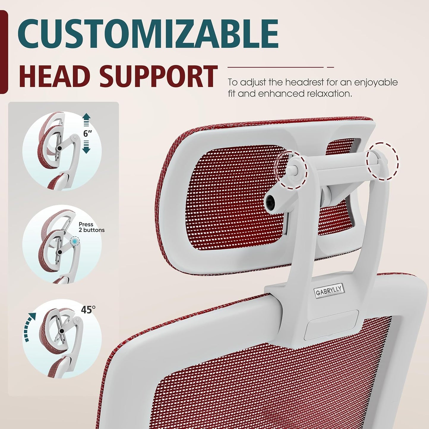 GABRYLLY Ergonomic Office Chair, High Back Home Desk Chair with Headrest, Flip-Up Arms, 90-120° Tilt Lock and Wide Cushion, 400LBS Mesh Chairs for Man Woman, White Task Chair(Red,GY01WR)