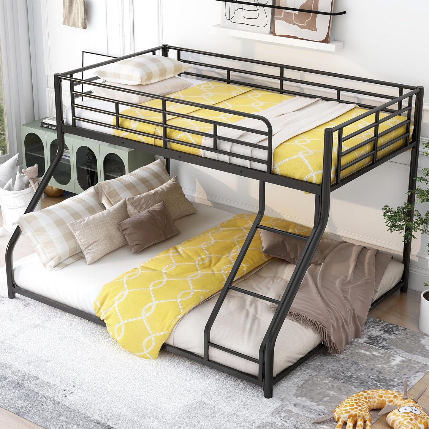 Twin XL Over Queen Metal Floor Bunk Bed with Sloping Stairs and Safety Guardrails for Bedroom,Guest Rooms, No Box Spring Needed, Simple to Assemble,Black