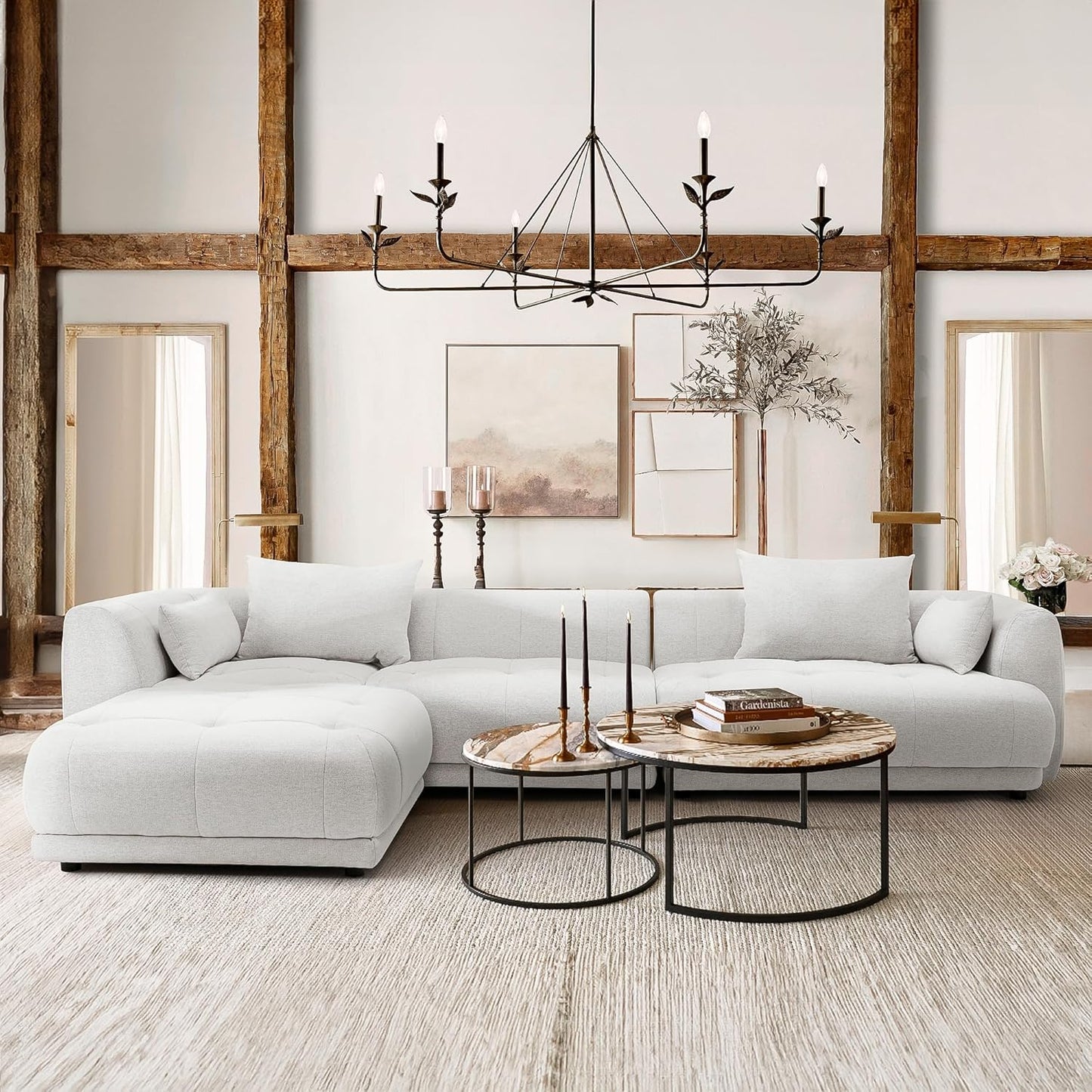 COLAMY 144" Modular Sectional Chenille Couch with Ottoman, Cloud Sectional Sofa Set with Ottoman,for Living Room(Beige)
