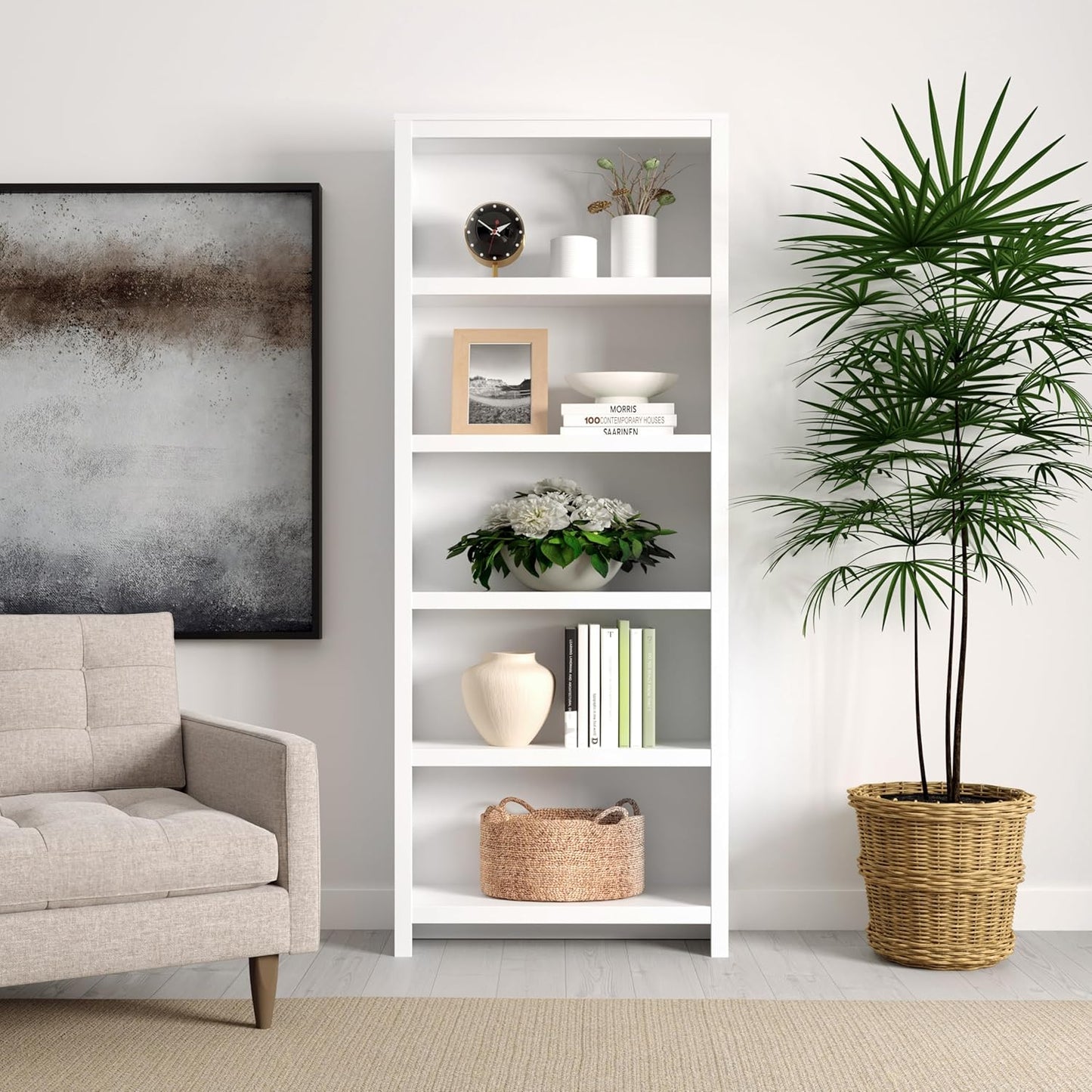 Prepac Moda 5-Tier Tall Wooden Bookcase, White Storage Cabinet, Display Cabinet, Bookshelf with Storage Shelves 31.75" W x 80" H x 12" D for Home Office, Living Room, Bedroom Organizer