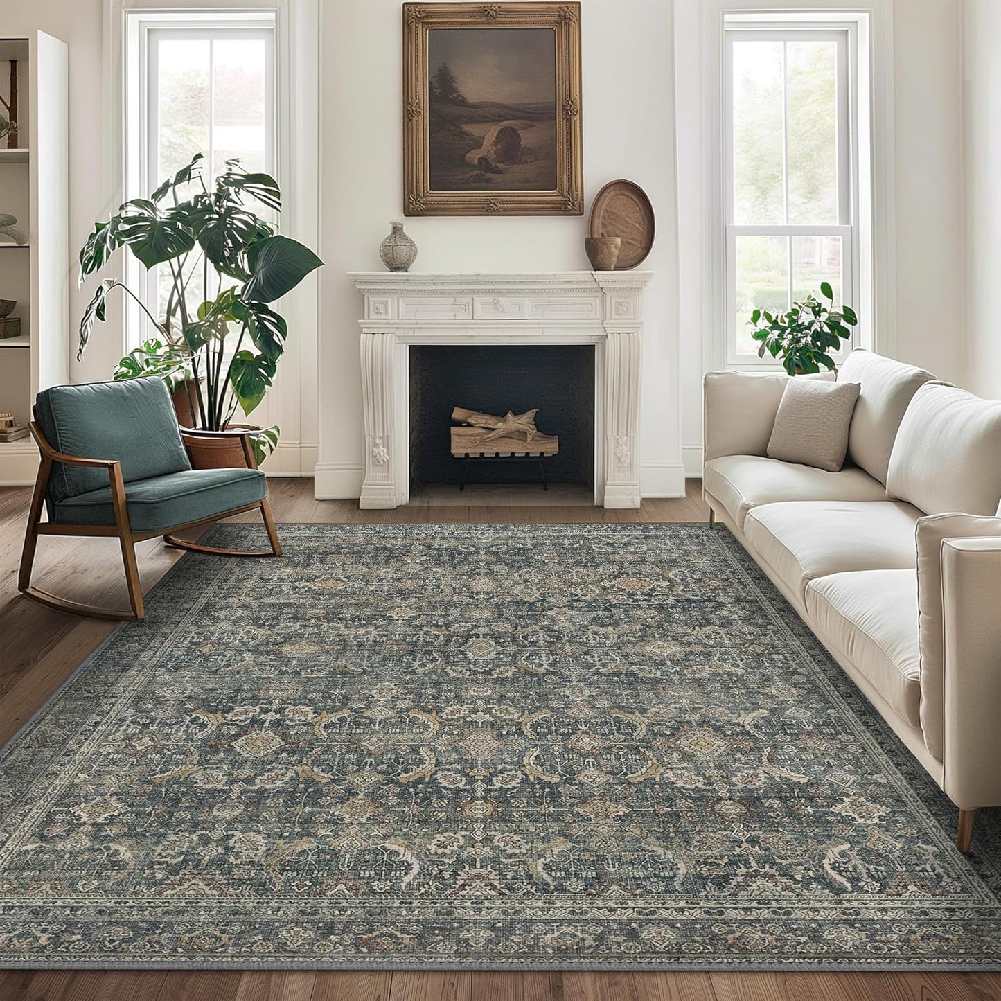 9X12 Area Rugs Machine Washable Rugs for Living Room, Vintage Boho Large Rugs for Bedroom Dining Room, Non Slip Indoor Soft Distressed Lightweight Thin Low Pile Carpet, Deep