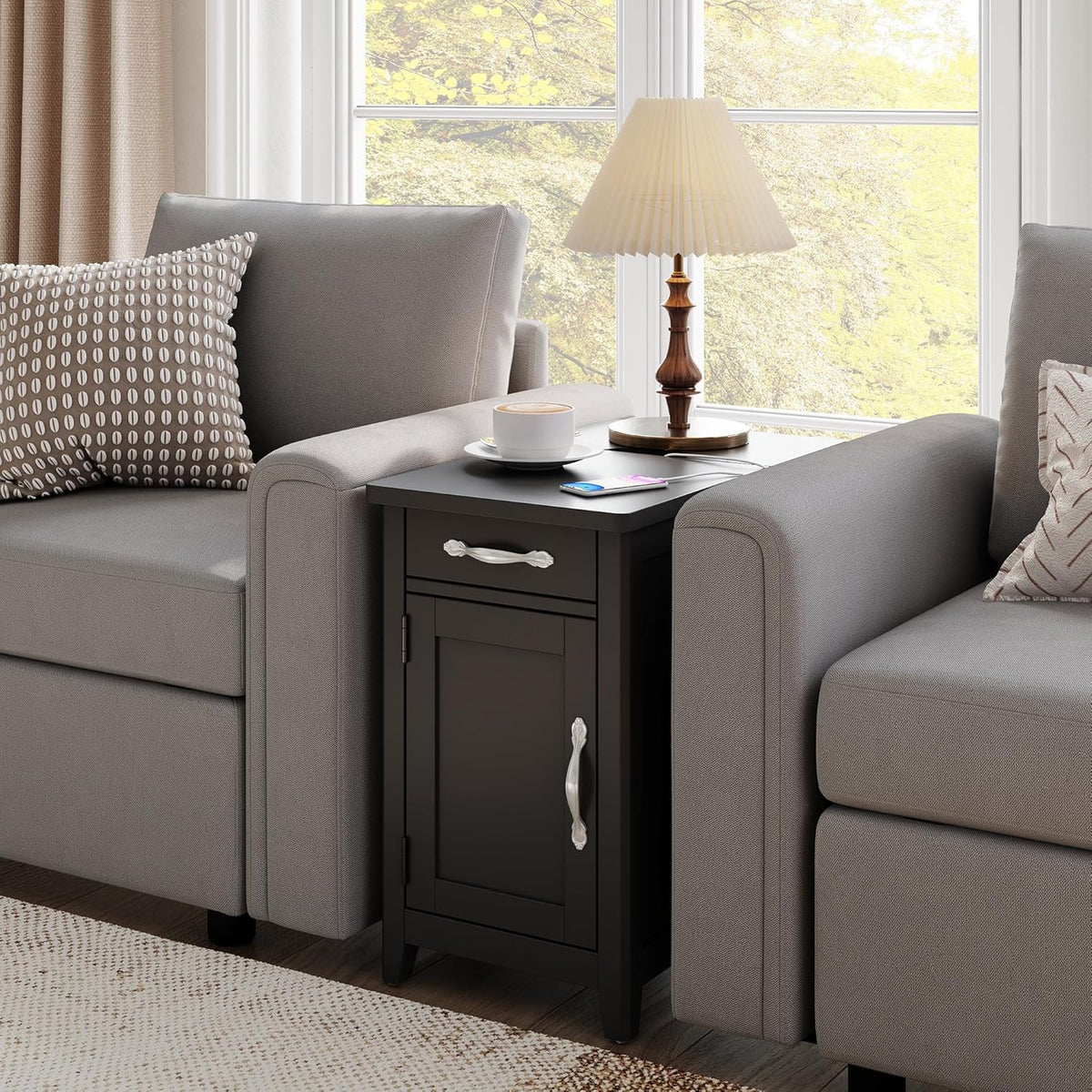 LINSY HOME Farmhouse End Table with Charging Station, Narrow Side Table for Living Room, Sofa Side Table with Drawer and Storage Cabinet, Small Nightstand for Home Office