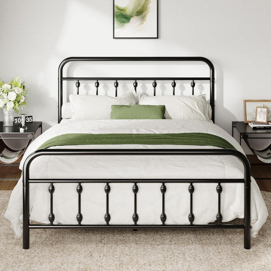 Allewie Queen Size Metal Platform Bed Frame with Victorian Style Iron-Art Headboard and Footboard, Easy Assembly, Under Bed Storage, No Box Spring Required, Black