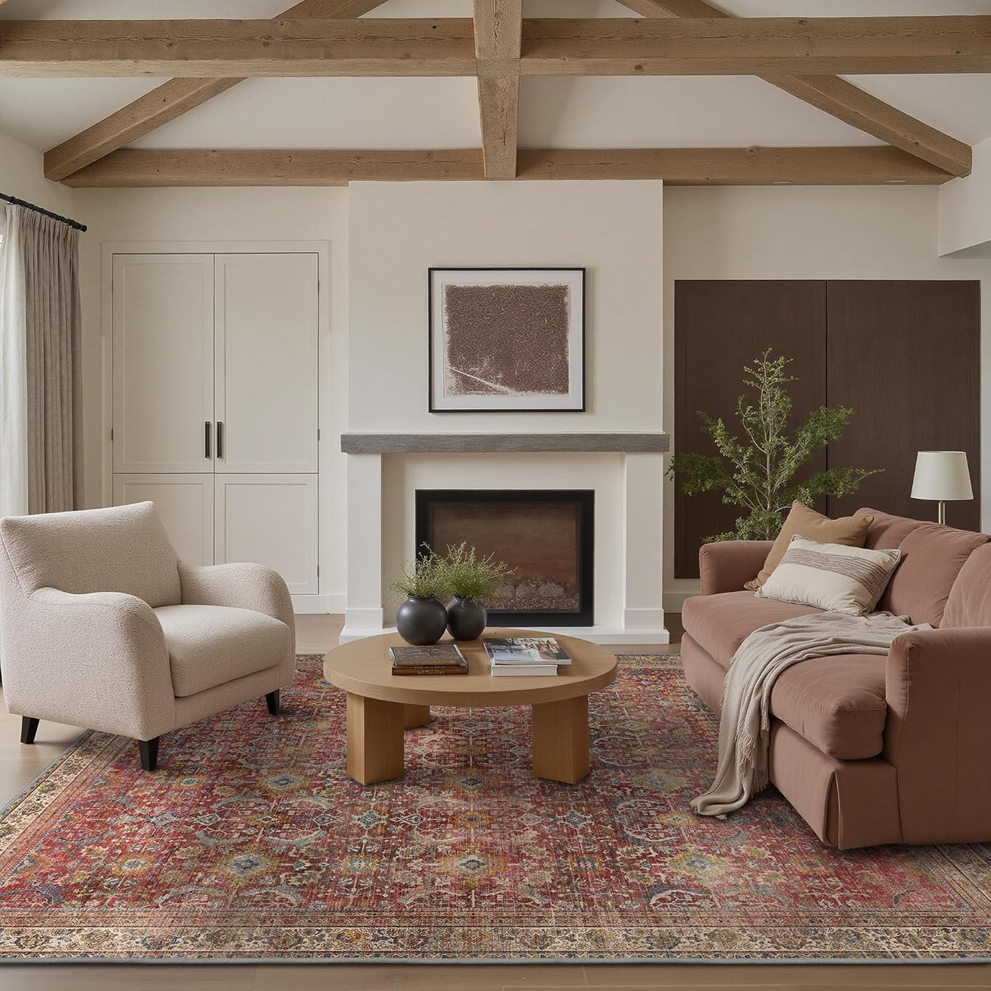 8X10 Area Rugs Machine Washable Rugs for Living Room, Vintage Boho Large Rugs for Bedroom Dining Room, Non Slip Indoor Soft Distressed Lightweight Thin Low Pile Carpet, Rust Red