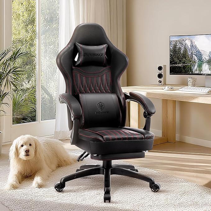 Dowinx Gaming Chair Breathable PU Leather Gamer Chair with Footrest Massage Lumbar Support, Big and Tall Ergonomic Reclining Computer Chair with Pocket Spring Cushion for Adults Teens(Black)