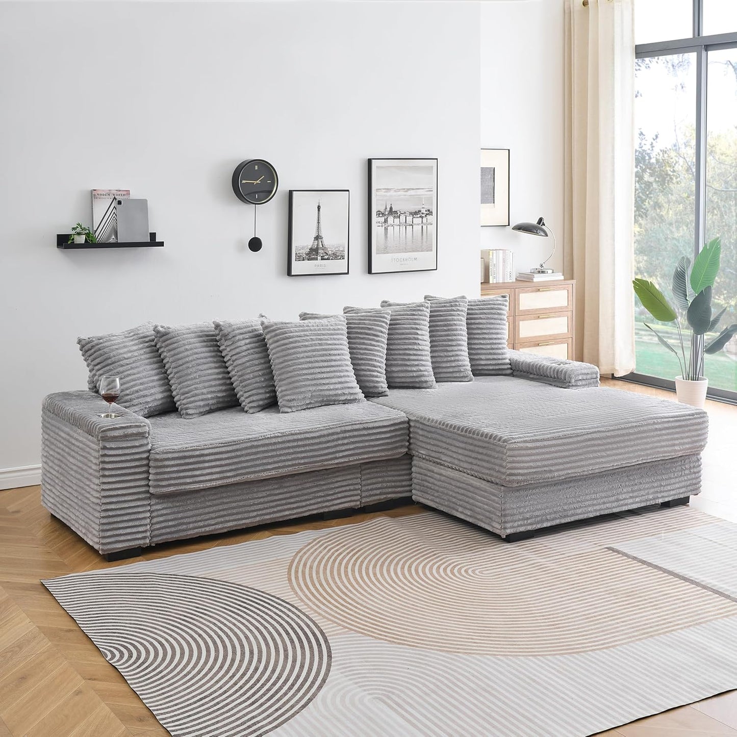 KEIKI 114" Corduroy Sofa with Cup Holders & Storage, L Shaped Sleeper Cloud Couch Set w/Reversible Chaise Lounge, Living Room Oversized Upholstered SofaBed for Apartment, Easy Assembly, Gray