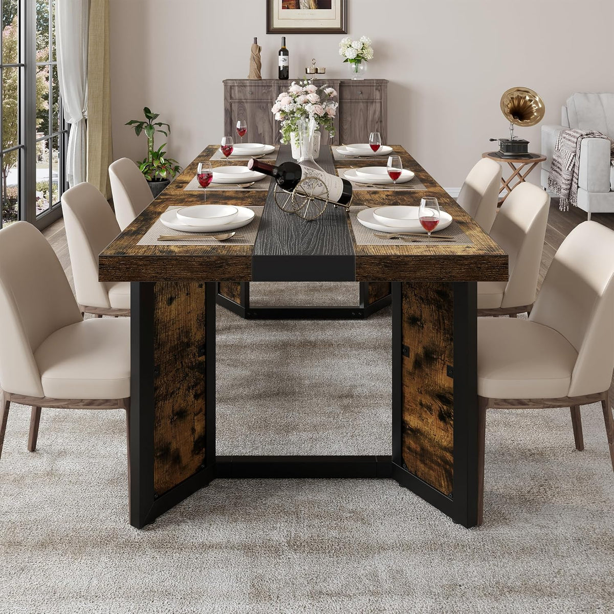 Industrial Dining Table for 6-8 People, 71" Large Long Wooden Kitchen Table with Sturdy Metal Frame & Brown Finish, Rustic Style Rectangular Dinner Table for Dining Room, Kitchen (Vintage Brown)