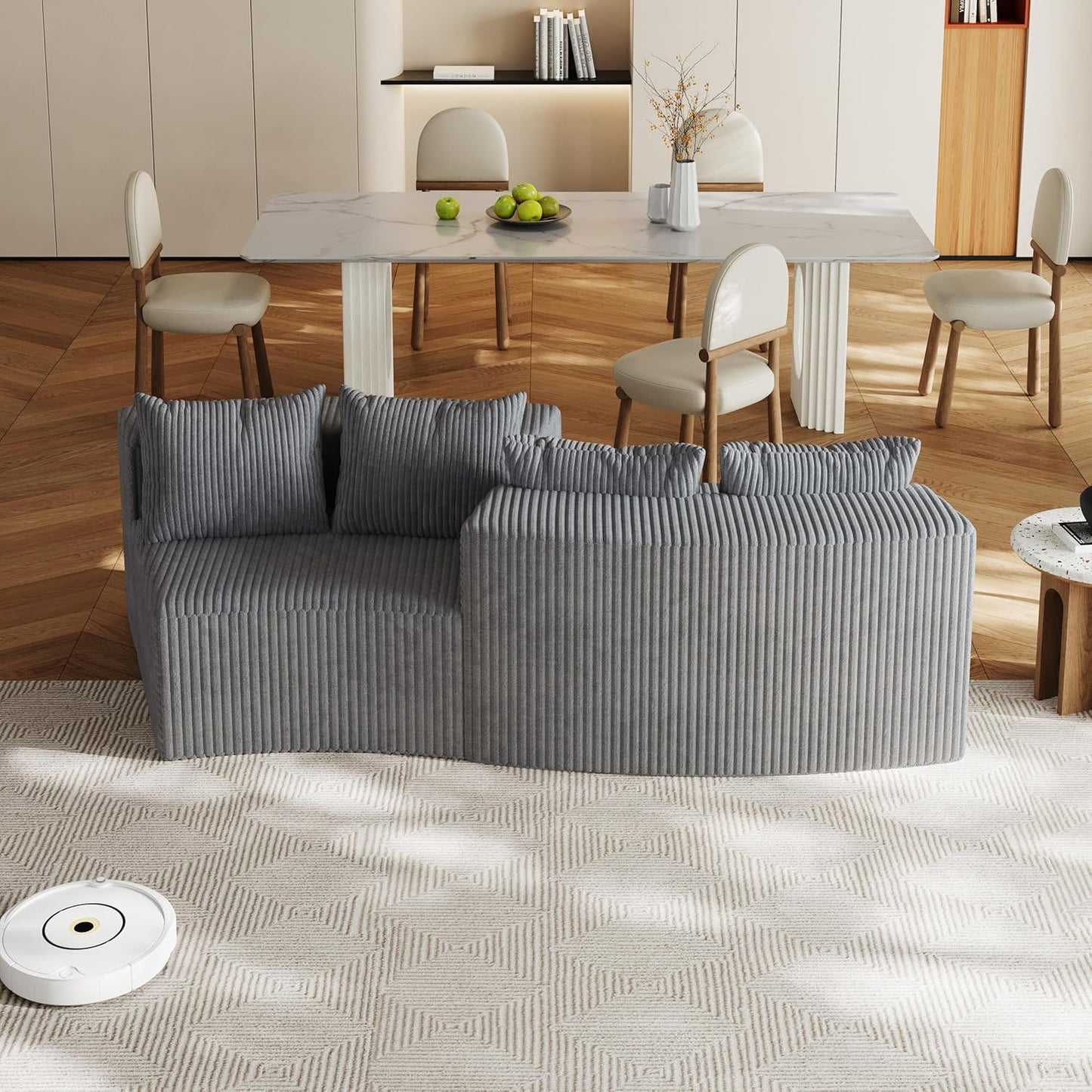 KEIKI Corduroy Curved Sectional Sofa, 2 Seater Symmetrical Modular Semi Circular Couch, Deep Seat Tufted Corner Sofa for Living Room, Lobby, Gray