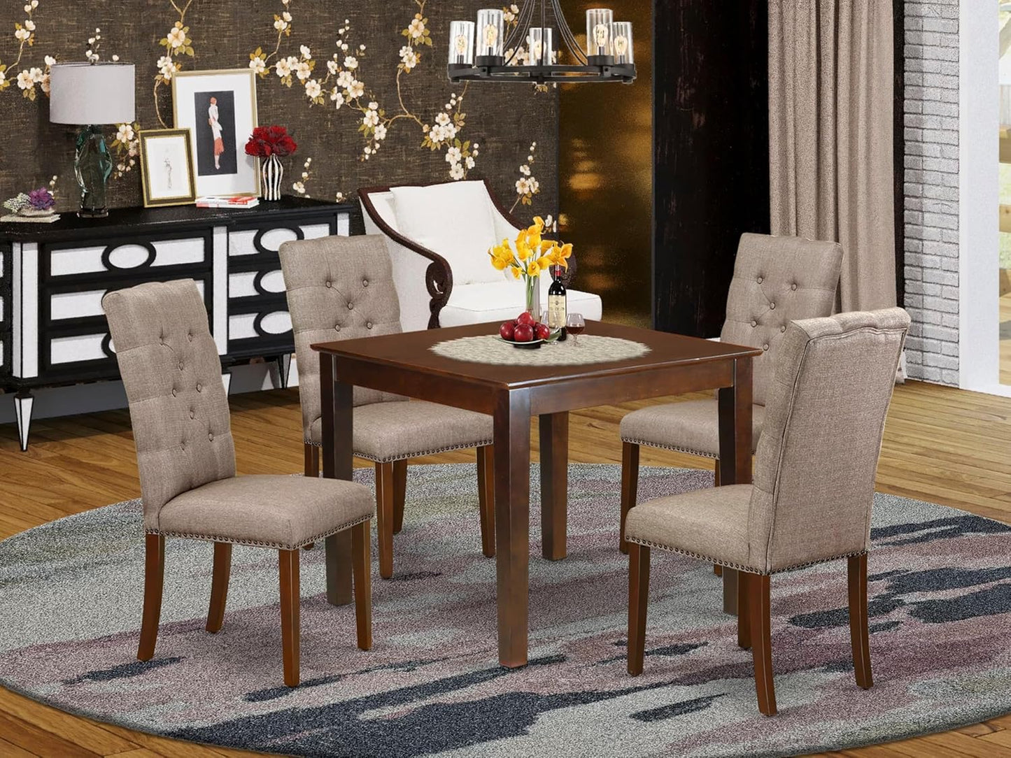 East West Furniture OXEL5-MAH-16 5 Piece Dining Room Table Set Includes a Square Kitchen Table and 4 Dark Khaki Linen Fabric Parson Dining Chairs, 36x36 Inch, Mahogany
