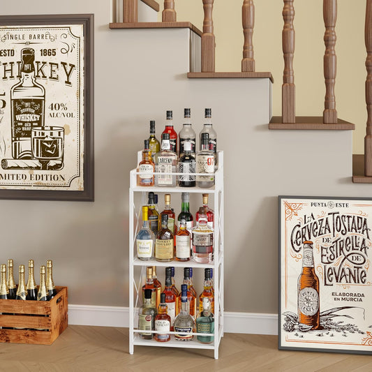 KLM Liquor Bottle Display Shelf, Liquor Cabinet bar for Home, 4 Step Liquor cabinetck, Mini bar,Liquor Cabinet, Home Retro Bar Shelf Stand for Liquor Whiskey, Spirits (White)