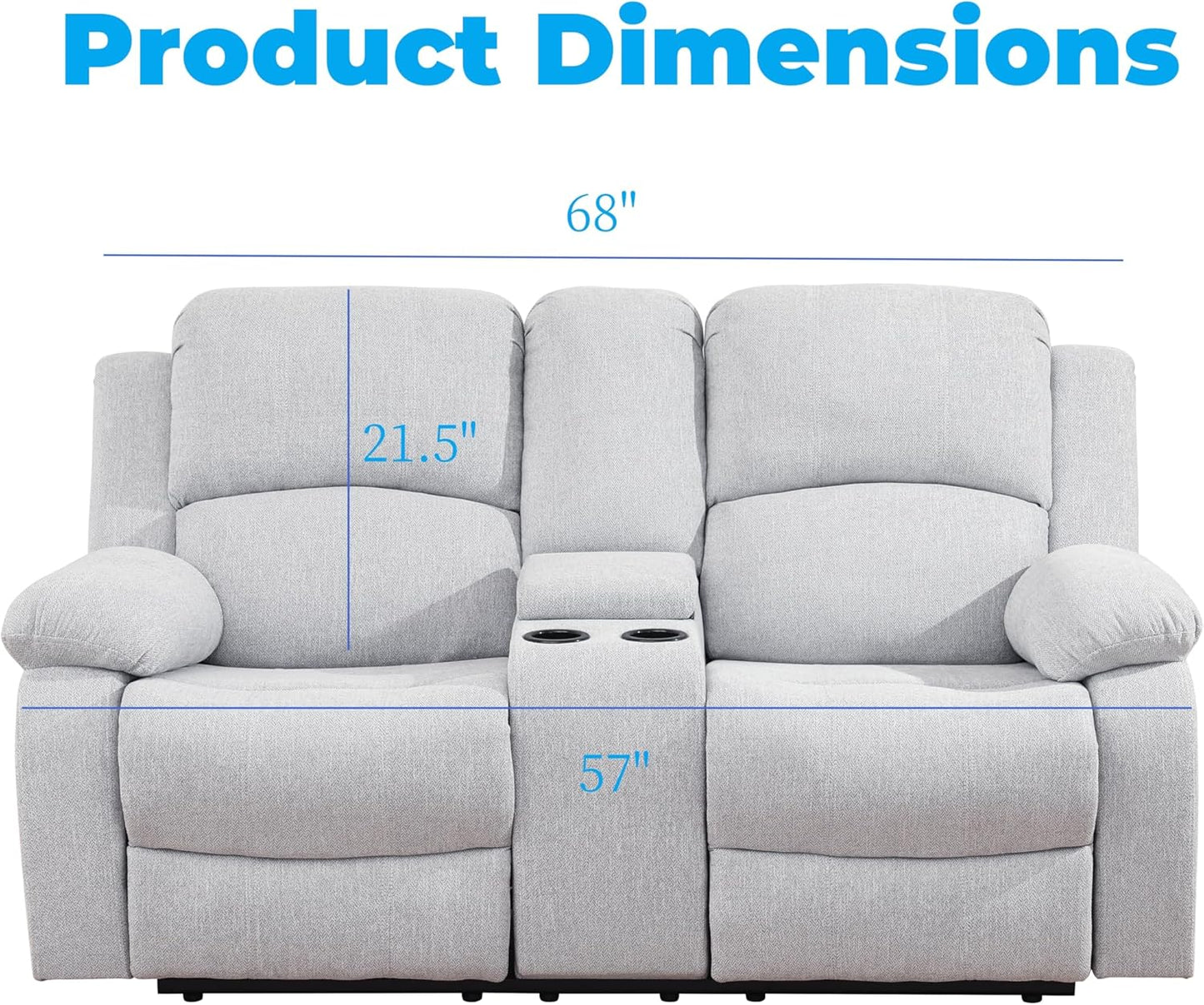 Loveseat Recliner Sofa, Reclining Loveseat Couch with Storage Console, Modern Comfy Home Theater Seating Power Recliner Chair with Cup Holders for Living Room Furniture Sets, Grey White