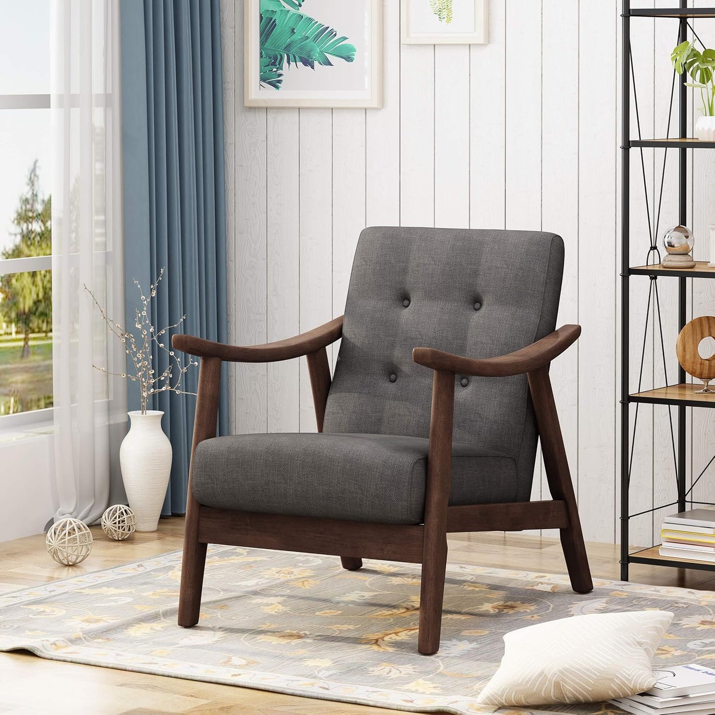 Ball & Cast Accent Chair Wide Armrest Mid-Century Lounge Living Room Chairs with Button Tufting,Wood Frame Seating Furniture for Bedroom,Apartment,Dark Gray