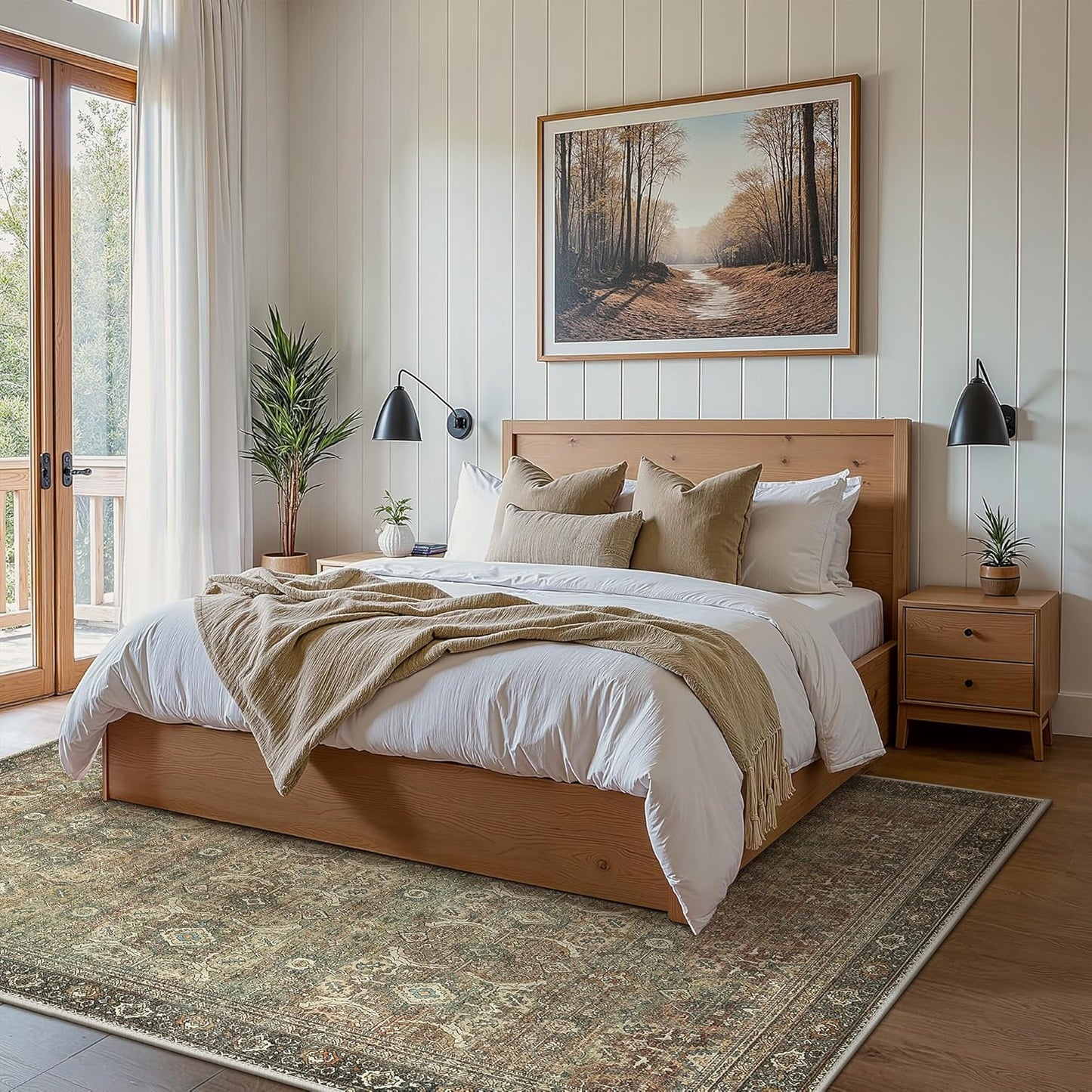 8X10 Area Rugs Machine Washable Rugs for Living Room, Vintage Boho Large Rugs for Bedroom Dining Room, Non Slip Indoor Soft Distressed Lightweight Thin Low Pile Carpet, Green Faded Red