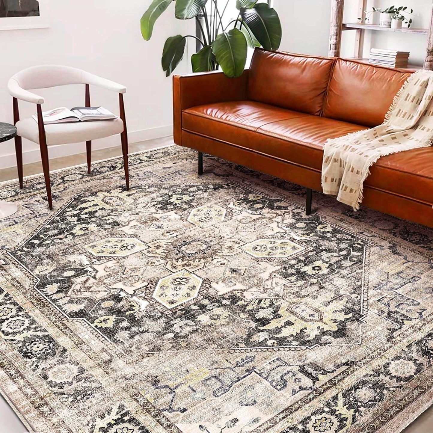 Washable Area Rug 9'x12' Black-Purple Khaki Retro Flowers Boho Design Non-Shedding Easy Care Ideal for High Traffic Areas in Living Room Bedroom Office Coffee Table Kitchen Large Carpet