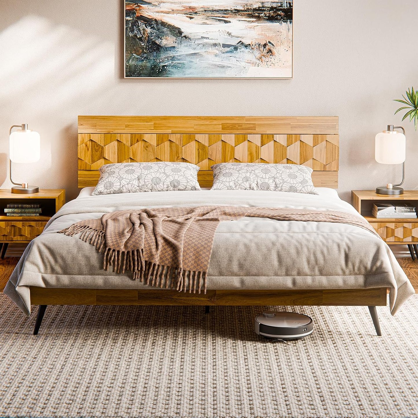 Bme Georgina Signature Bed Frame with Handcrafted Geometric Headboard, Mid Century Modern, Solid Acacia Wood, No Box Spring Needed, 12 Strong Wood Slats Support, Easy Assembly, Teak Brown, King