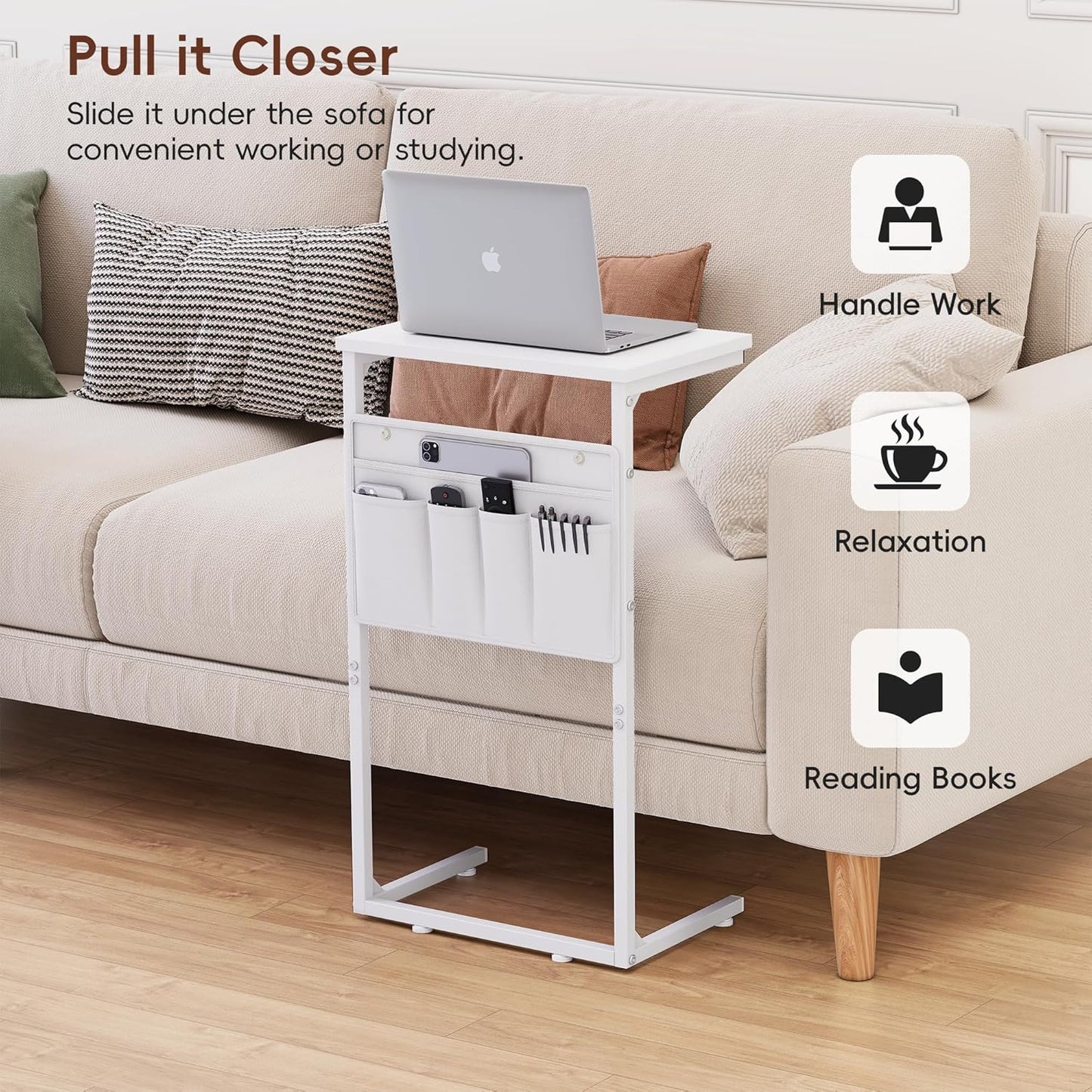 Vagusicc C Shaped End Table, Set of 2, Small Side Table for Couch, Couch Side Table TV Tray Arm C Tables for Small Space, Sturdy Slide Under Sofa Tables with Metal Frame for Living Room Bedroom, White