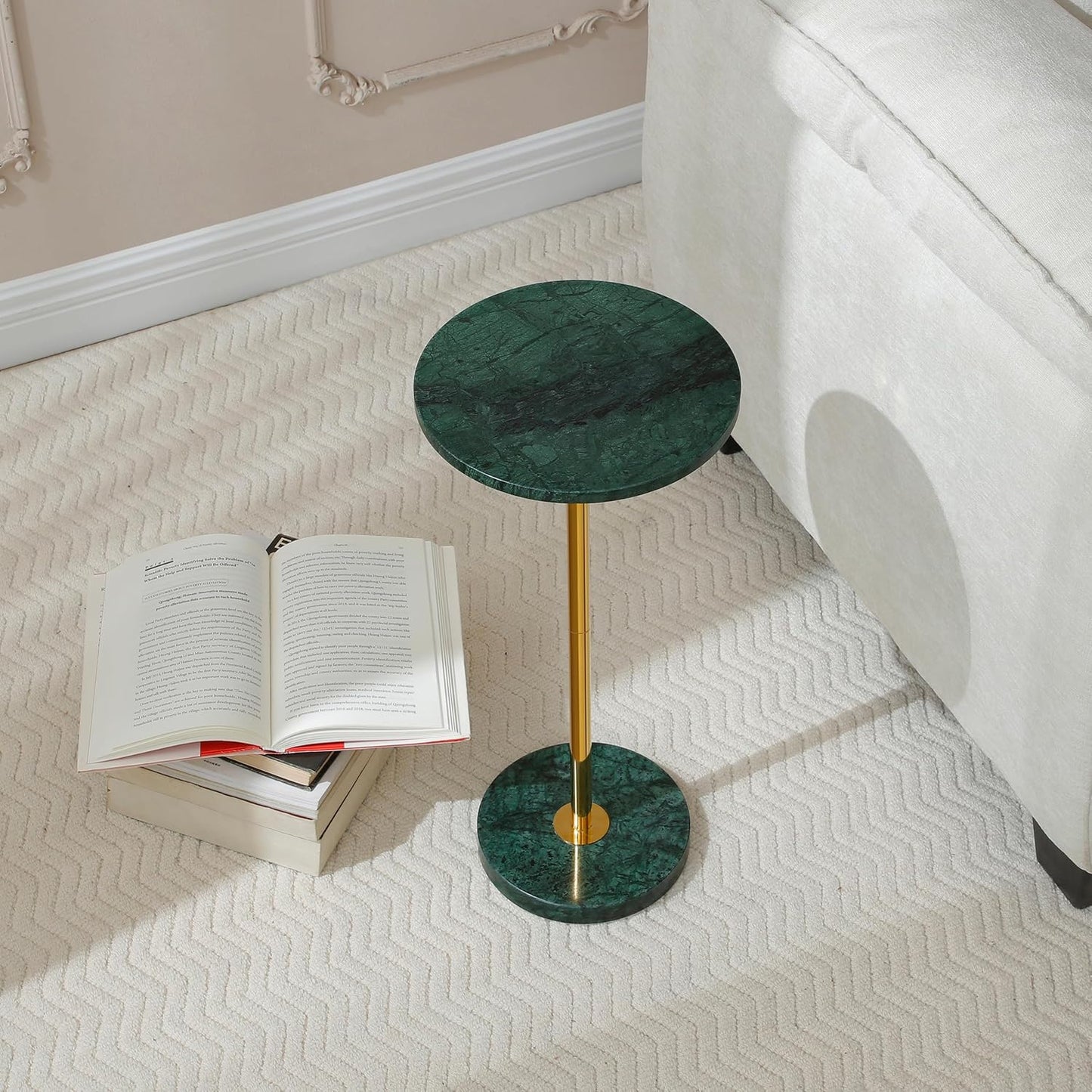Φ9.8-inch Marble Round Drink Table, Stone Finish Pedestal End Table for Living Room, Weighted Base Small Accent Side Table for Small Space - Emerald Green