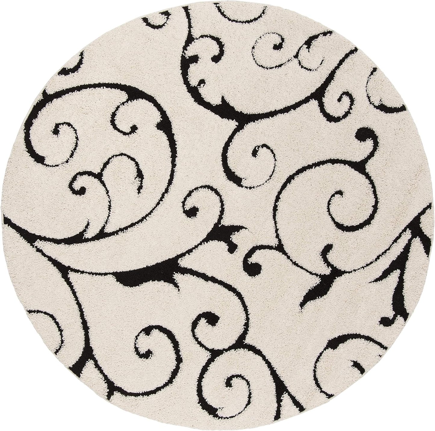 SAFAVIEH Florida Shag Collection Area Rug - 5' Round, Ivory & Black, Scroll Design, Non-Shedding & Easy Care, 1.2-inch Thick Ideal for High Traffic Areas in Living Room, Bedroom (SG455-1290)