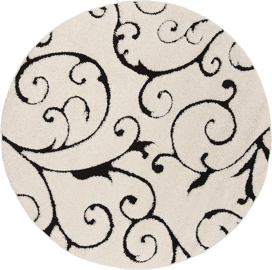 SAFAVIEH Florida Shag Collection Area Rug - 5' Round, Ivory & Black, Scroll Design, Non-Shedding & Easy Care, 1.2-inch Thick Ideal for High Traffic Areas in Living Room, Bedroom (SG455-1290)