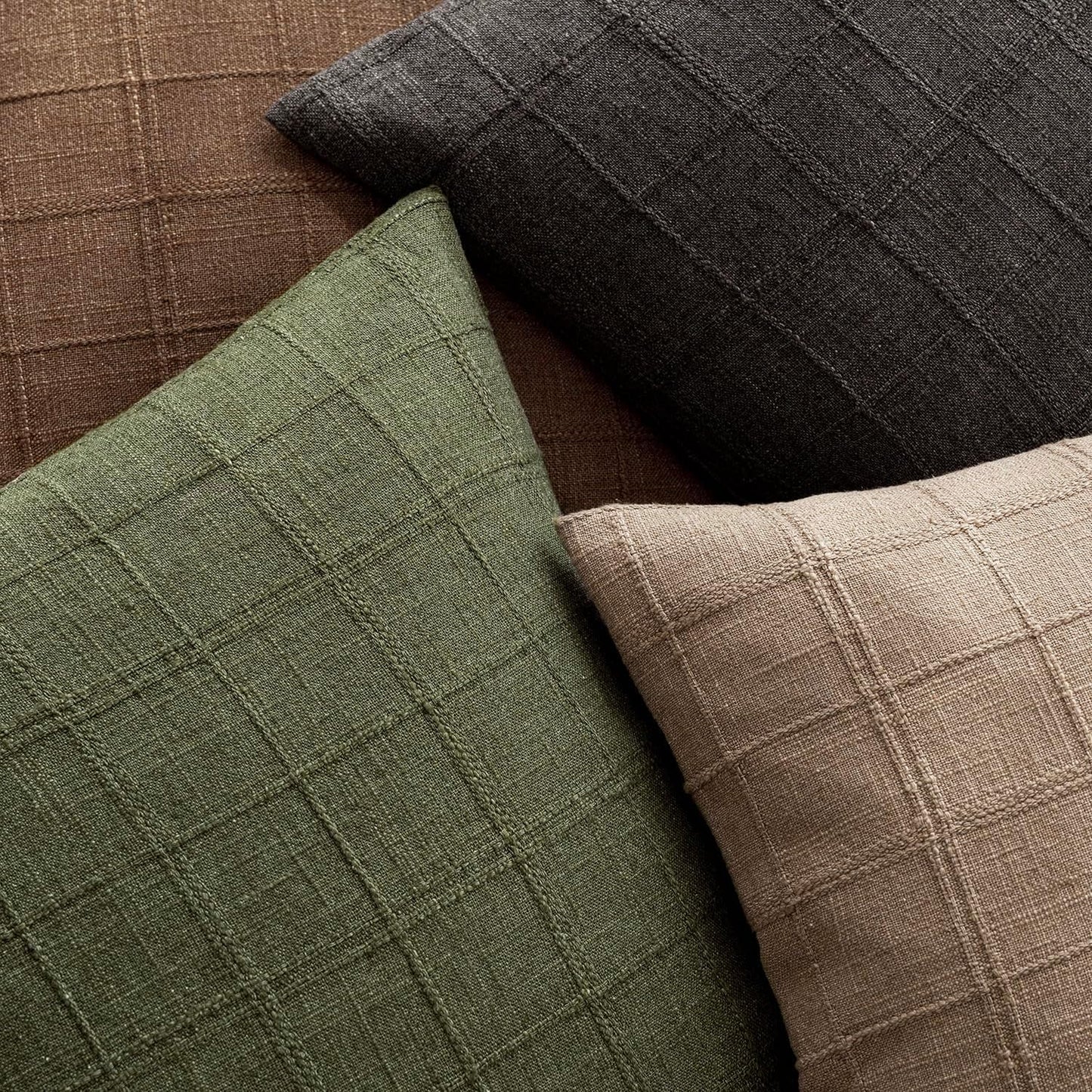 Foindtower Set of 2 Decorative Linen Check Throw Pillow Covers Neutral Farmhouse Vintage Cushion Covers Modern Boho Home Decor for Sofa Chair Couch Bedroom Living Room Outdoor,22×22 Inch,Olive Green