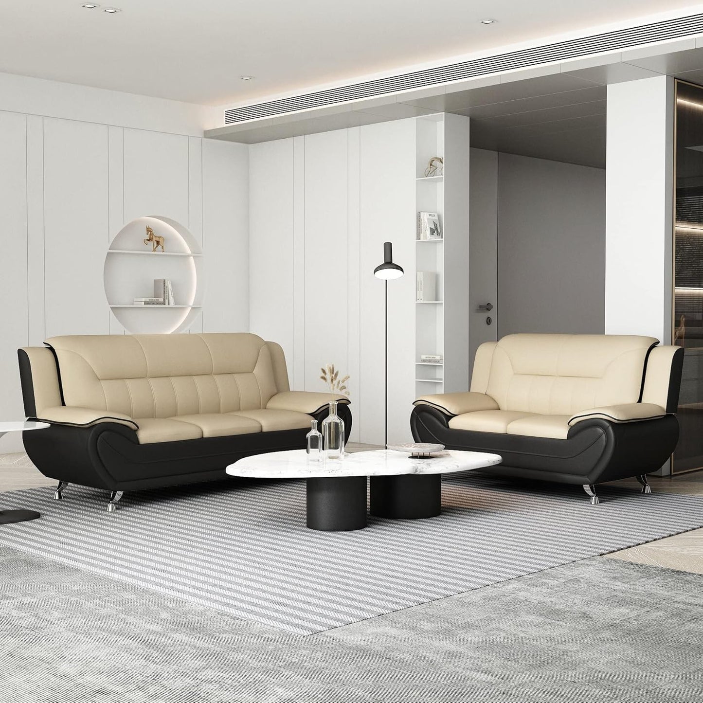 Container Furniture Direct Michael Modern Faux Leather Upholstered Stainless Steel Legs Living Room Sofa, Loveseat, Black Camel