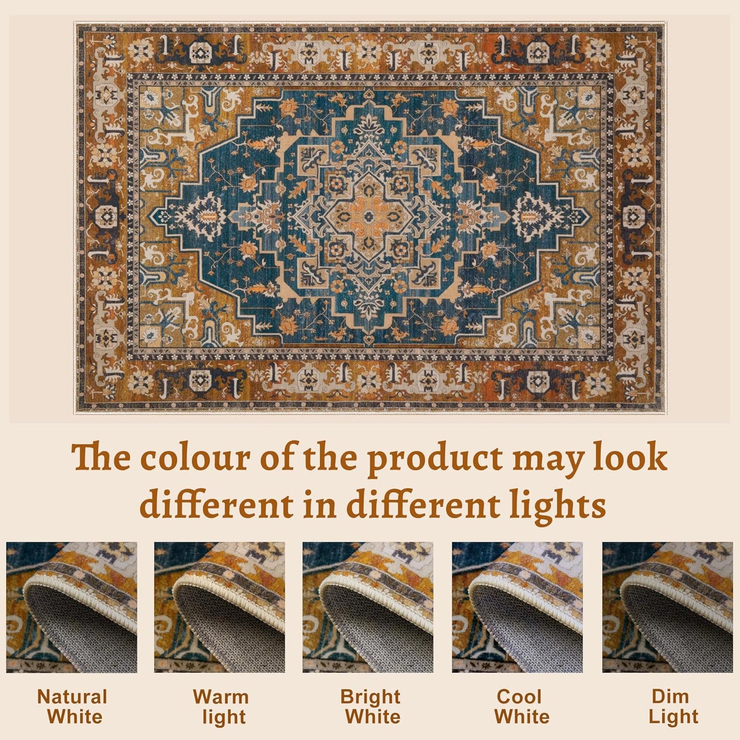 Tangsoo 4x6 Washable Rug Vintage Non Slip Indoor, Distressed Carpet for Living Room, Dining Room, Soft Low Pile Rugs Foldable Floor for Bedroom Dorm Bedside Bathroom Indigo Ochre