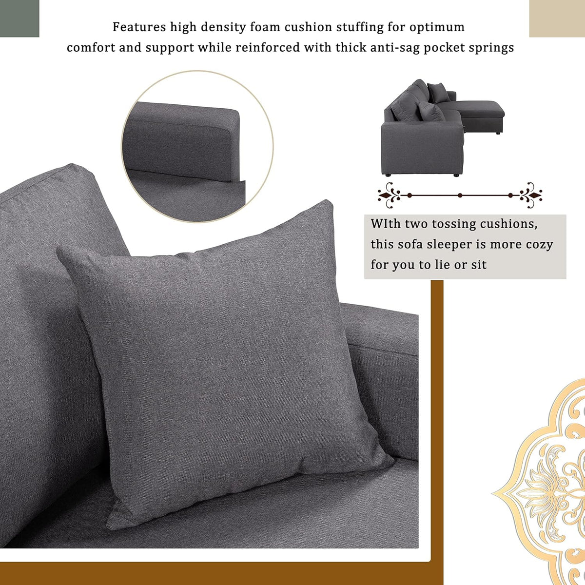 87.4 Inch L Shape Sleeper Sectional Sofa with Storage Chaise, Pull Out Bed and 2 Tossing Cushions, Upholstered Corner Couch for Living Room, Apartment, Home Furniture, Gray