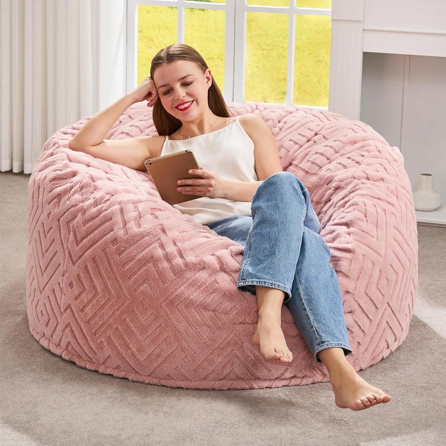Hobestluk Bean Bag Chairs Adults Beanbag Chair with Filler Large Bean Bags with Fluffy Embossed Cover, Giant Bean Bag Chairs for Adults (Pink, 3FT - 36” x 36” x 22”)