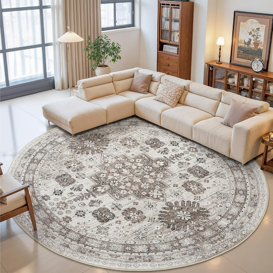 zesthome 9ft Round Rugs for Living Room, Non-Slip Washable Round Area Rugs, Ultra-Thin Large Circle Rugs, Soft Low Pile Rug for Bedroom, Kitchen - Vintage Stain Resistant Round Rug (Brown/Beige,9'x9')