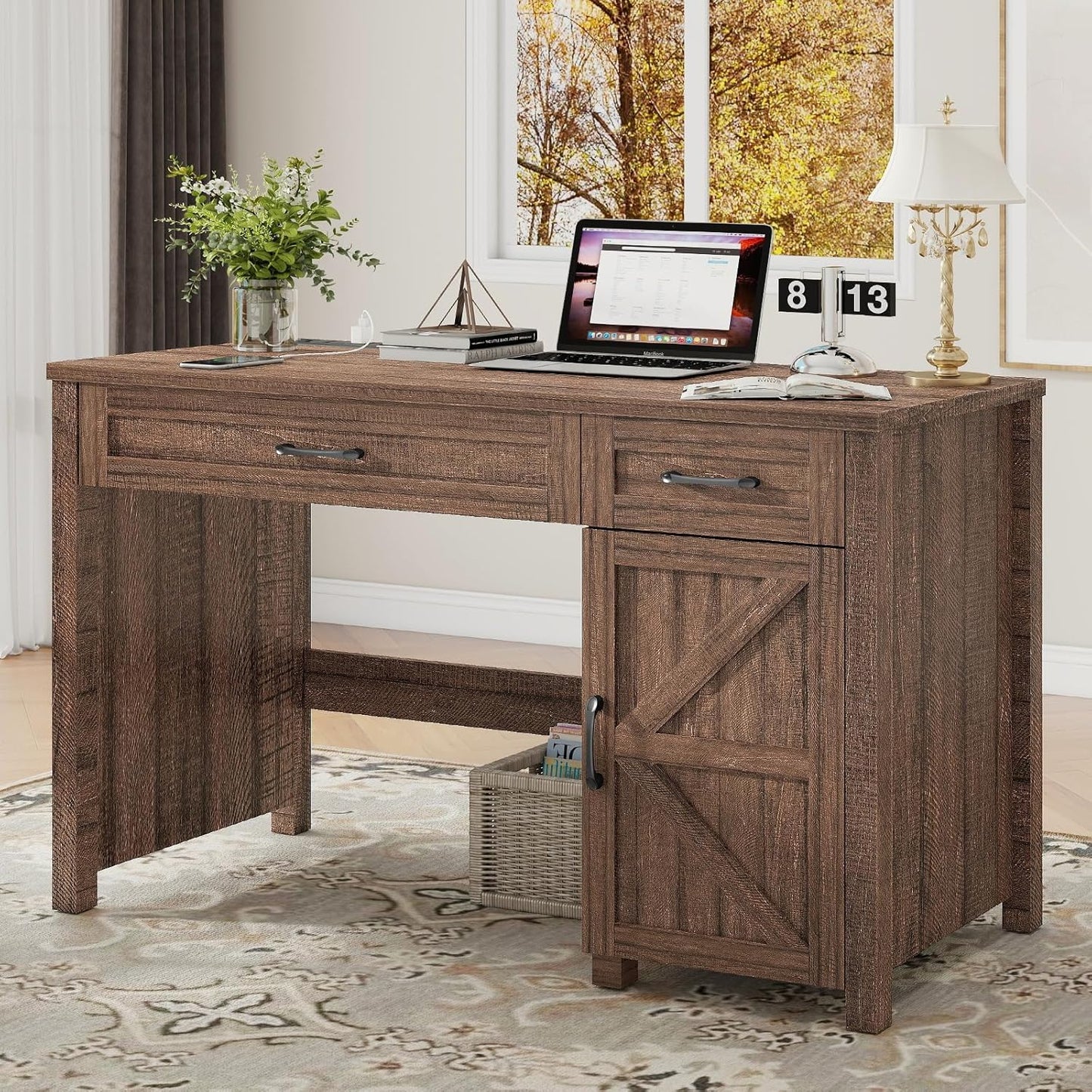 Farmhouse 47" Executive Desk, Computer Desk with Drawers and Storage Cabinet, Workstation Computer Desk for Home Office, Study.Red-Brown