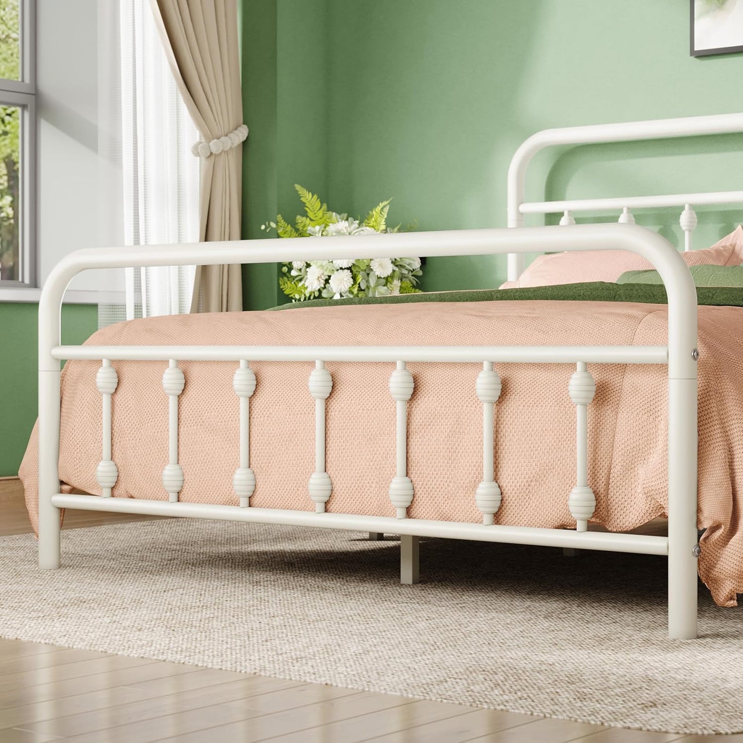 Allewie 14 Inches Queen Size Metal Platform Bed Frame with Victorian Style Iron-Art Headboard/Footboard, Mattress Foundation, Easy Assembly, Under Bed Storage, No Box Spring Required, Off White