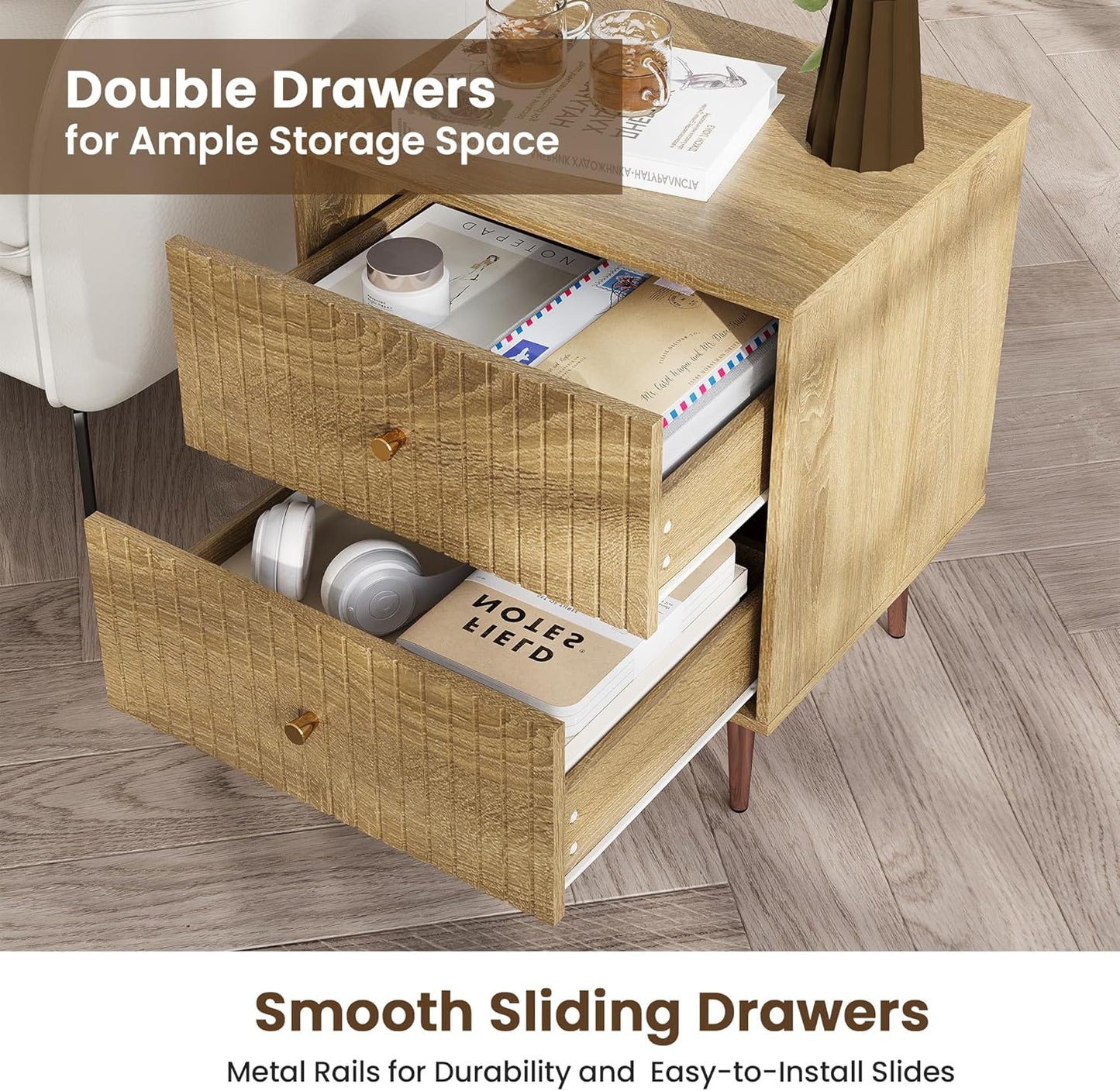 Wood Night Stand Set 2,Modern Bedside Table with Door and Open Storage Space,Fluted Nightstand and Wood End Side Table with Rose Gold Metal Legs and Handles for Bedroom,Living Room,Natural