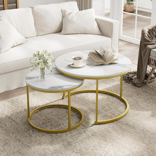 Smuxee White Nesting Coffee Table Set of 2, 27.6" Round Coffee Table Wooden Marble Pattern with Adjustable Non-Slip Feet, Industrial End Table for Living Room Bedroom Balcony