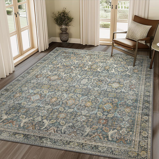 9X12 Area Rugs Machine Washable Rugs for Living Room, Vintage Boho Large Rugs for Bedroom Dining Room, Non Slip Indoor Soft Distressed Lightweight Thin Low Pile Carpet, Terracotta