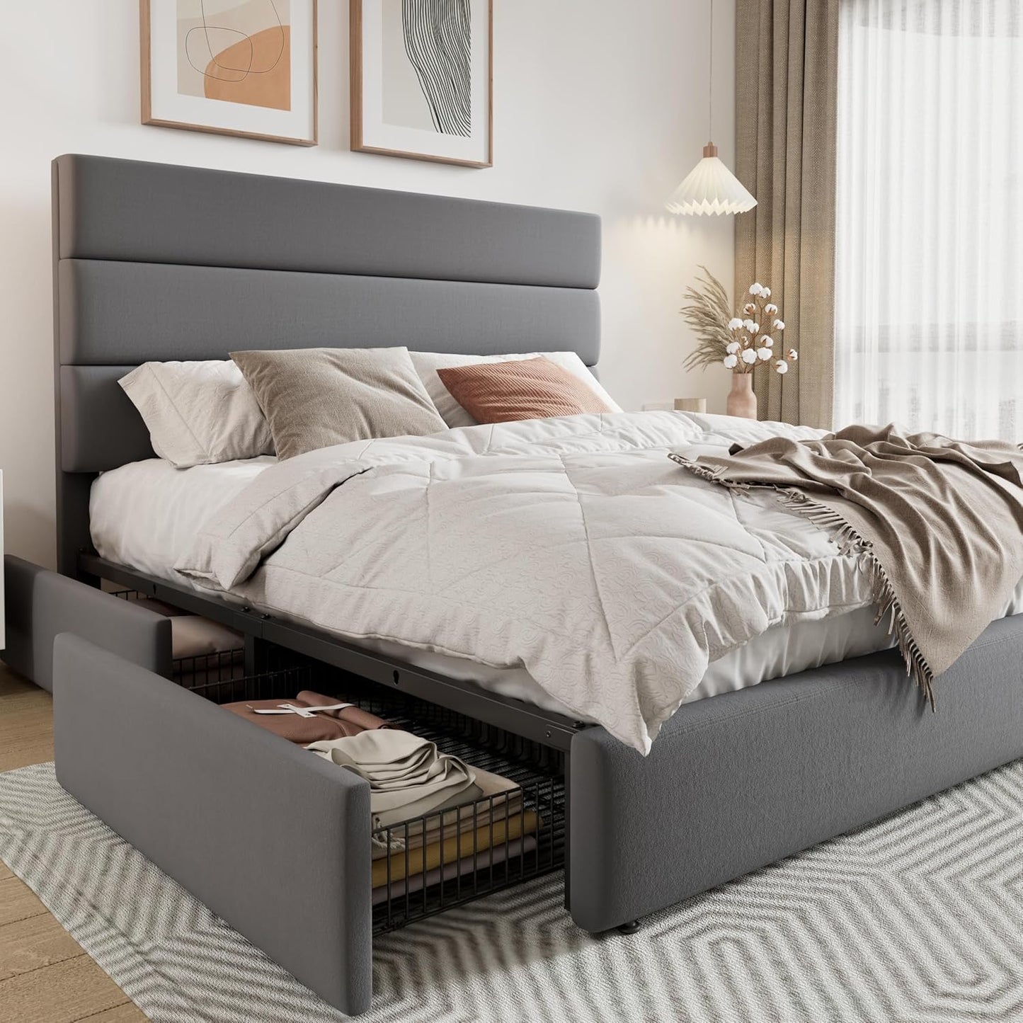 Allewie Modern Queen Size Platform Bed Frame with 4 Storage Drawers and Velvet Upholstered Headboard, Wooden Slats Support, Upholstered Mattress Foundation/No Box Spring Needed/Easy Assembly, Grey