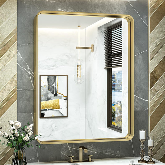 TokeShimi Gold Bathroom Mirror for Wall 30 x 36 Inch Metal Rounded Corner Rectangle Mirror Metal Frame Deep Set Design Hangs Horizontal Or Vertical