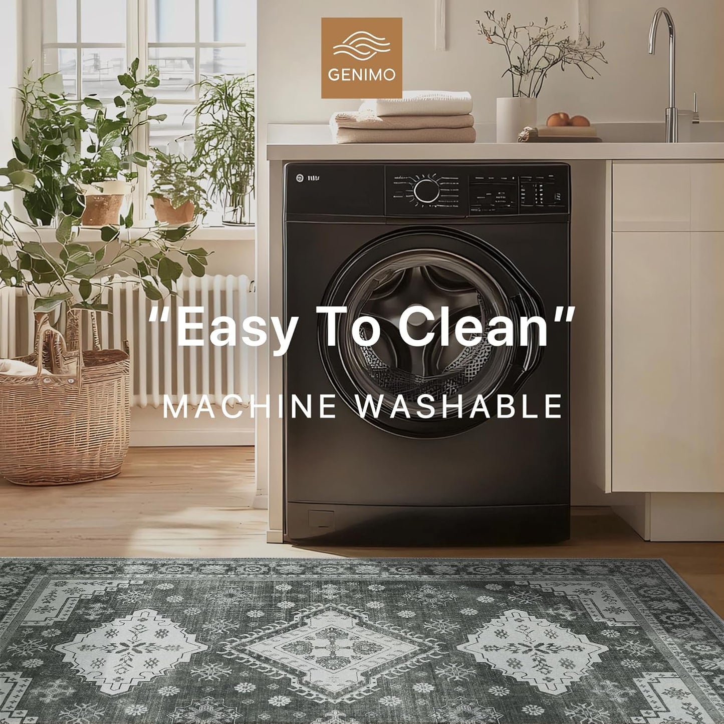 GENIMO Washable Rug 8X10 Area Rugs for Living Room Bedroom, Machine Washable Area Rug, Print Vintage Tribal Aesthetic Carpet, Low Pile Mat with Non Slip Rubber Backing, Distressed Charcoal