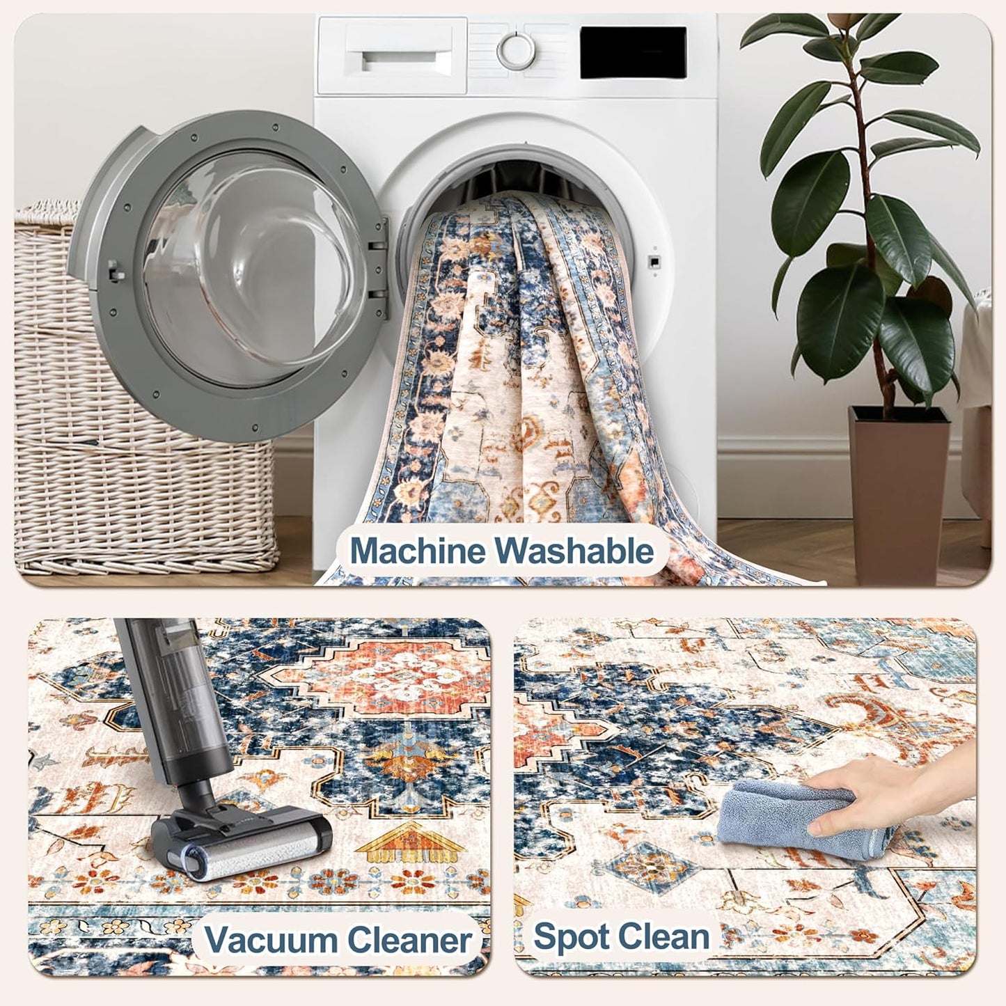 Tangsoo 2x10 Washable Runner Rug for Hallways, Non Slip Vintage Runner Rug, Soft Low Pile Long, Print Distressed Blue/Orange Carpet Runners for Kitchen Bedroom Entryway Bathroom Living Room