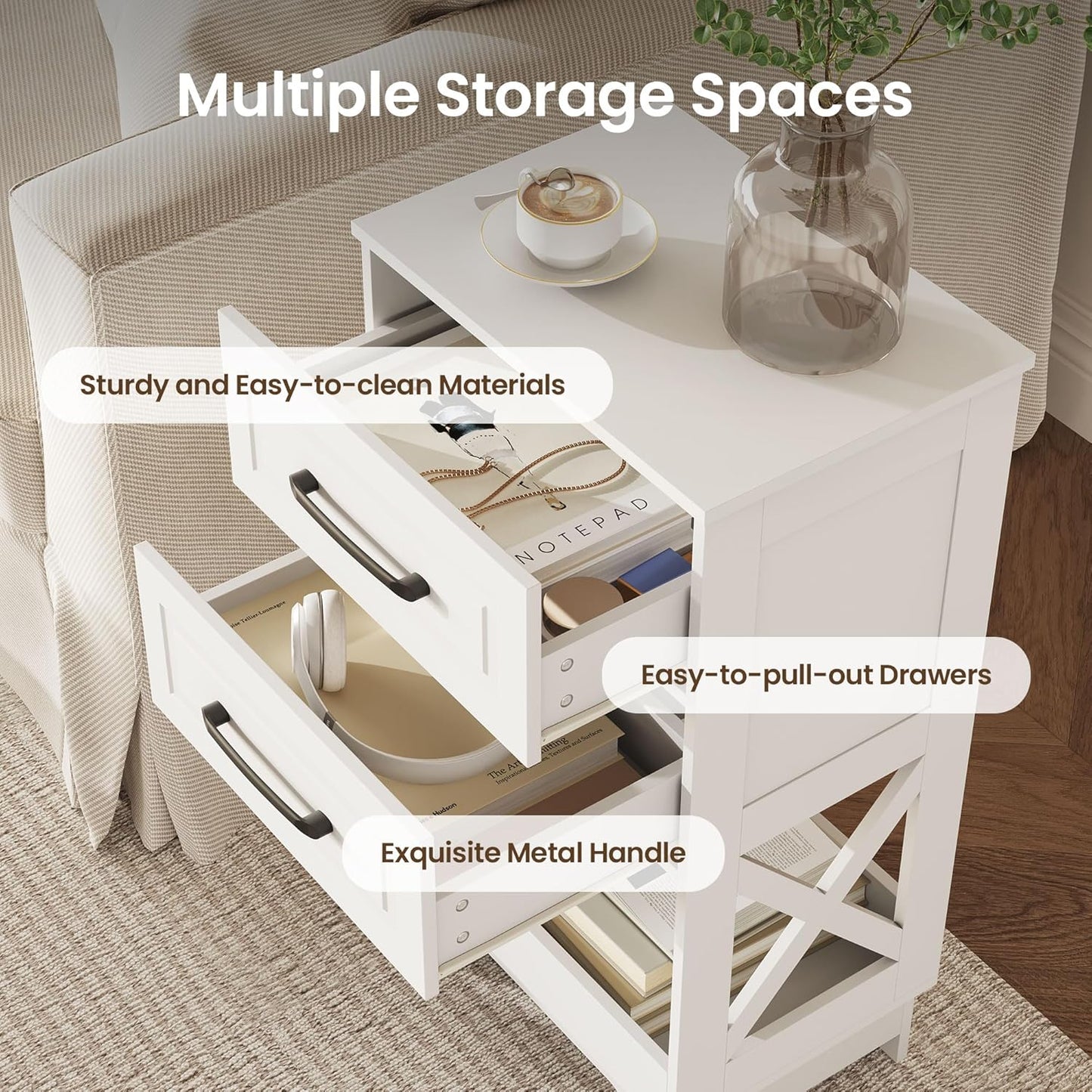 Tall Nightstand Set of 2 Side Table with 2 Drawers Modern Night Stand Wooden End Table Bedside Table with Below Open Shelf Solid Feet for Bedroom, Living Room, White