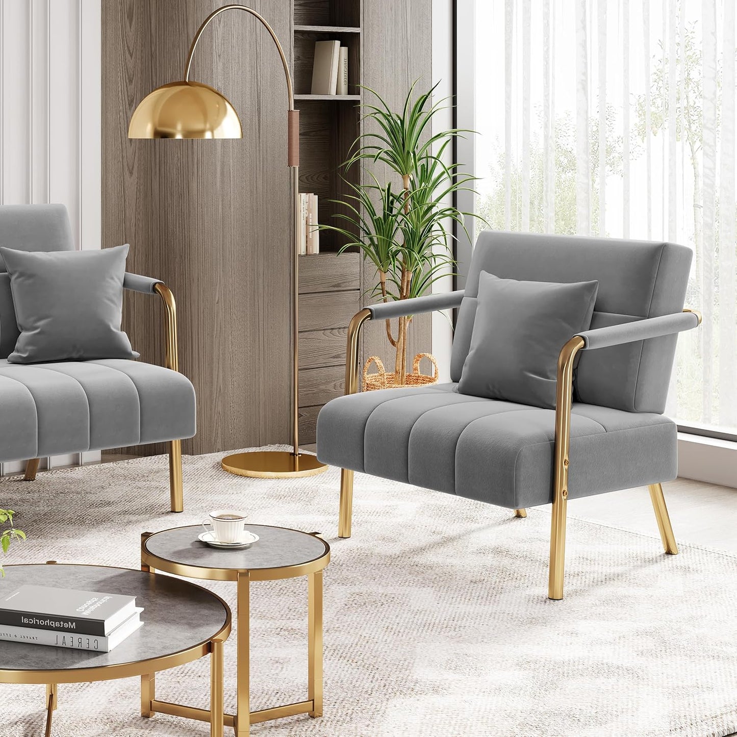 Yaheetech 30" W Modern Sofa Small Sofa Luxurious Velvet Fabric Couch with Gold-Tone Metal Arms and Legs for Living Room, Home Office, Studio Light Gray