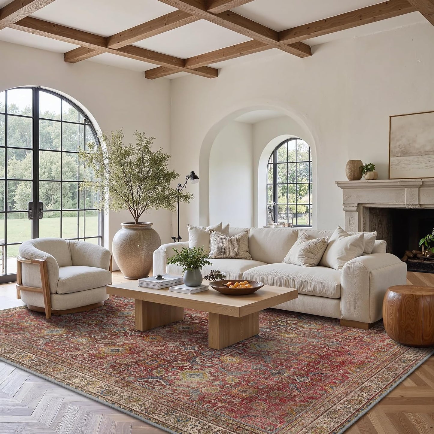 8X10 Area Rugs Machine Washable Rugs for Living Room, Vintage Boho Large Rugs for Bedroom Dining Room, Non Slip Indoor Soft Distressed Lightweight Thin Low Pile Carpet, Rust Red