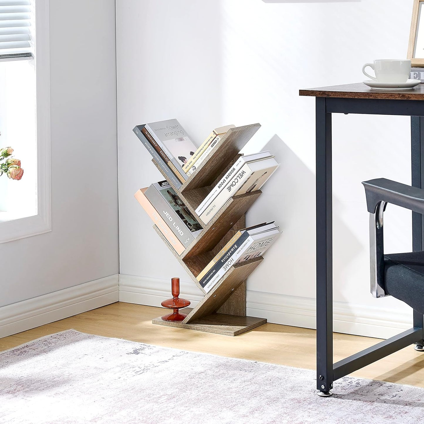 Hoctieon 4 Tier Tree Bookshelf, 4 Shelf Bookcase, Modern Book Storage, Free Standing Tree Bookcase, Utility Organizer Shelves for Home Office, Living Room, Bedroom, Greige