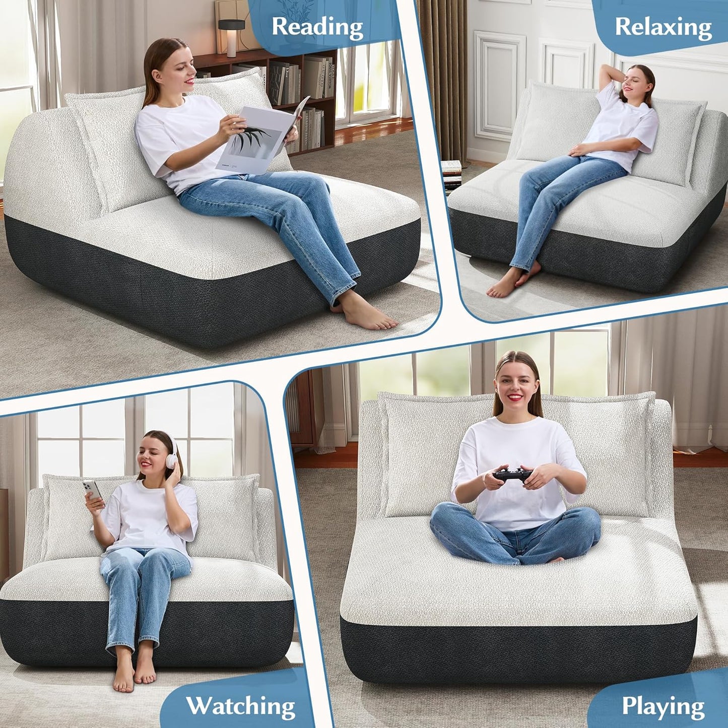 Hobestluk Small Sofa Couch Lounge Sofa Chair for Living Room, Comfy Memory Foam Couch, Mini Sofa with Side Pocket for Living Room, Bedroom (Grey+Beige)