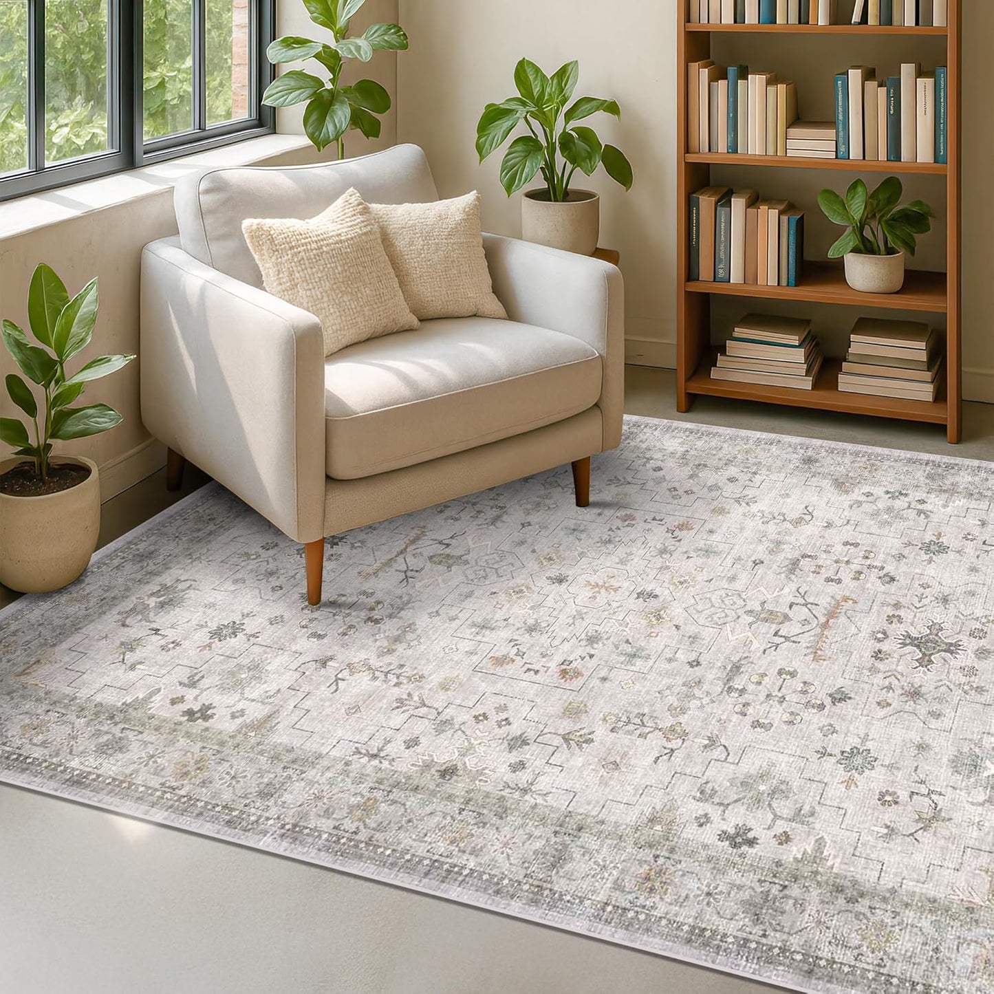 Boho Light Grey 5x7 Living Room Rug - Modern Vintage Eclectic Floral Pastel Neutral Taupe, Washable Low Pile Non-Slip Large Area Rugs for Nursery Dining Under Table Bedroom Lounge
