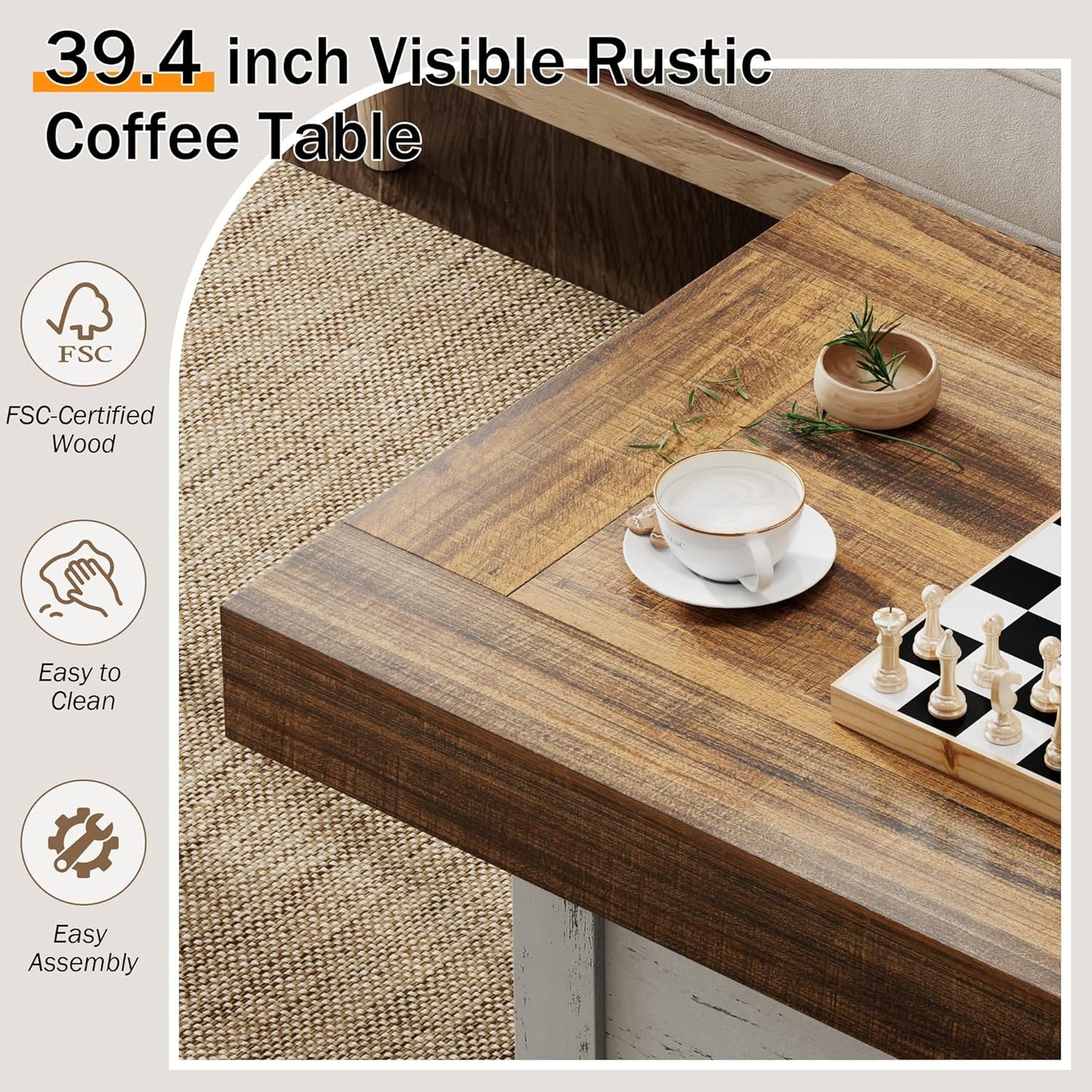 Coffee Table 39 in Farmhouse Center Table with X-Design Wooden Pedestal for Living Room, Space Saving, Easy Assembly Rectangle Home Office Tea Accent Table for Apartment, Antique White Walnut