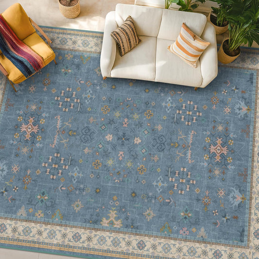 Boho 7x10 Accent Area Rugs for Living Room - Dusky Blue Rug for Bedroom Under Bed, Dining Room Under Kitchen Table, Washable Soft Non Slip Unique Colorful Indoor Décor